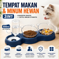 Tempat Makan Minum Hewan 3 In 1 Double Bowl Mangkok Kucing Anjing Pet Feeding Dispenser Botol Air Ot