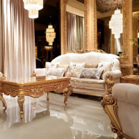 French style solid wood carved fabric sofa. Luxury European style villa living room sofa combination solid wood furniture.