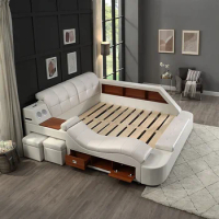 Multifunctional Upholstered Storage Bed Frame, Massage Chaise Lounge on Left, King Size, White
