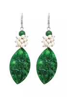 San Marco Women's Accessories Pearl Leaf-Drop Jade Earrings Anting Wanita Batu Giok Green