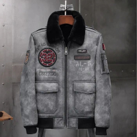 2019 Mens Gray Shearling Jacket Leather Jacket Fur Coat Mens Airforce Flight Coat Embroidered Jacket