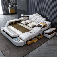 Ultimate Bed Frame Tech Smart Multifunctional Bed with Genuine Leather, Massage, USB, Bluetooth Speaker, Tatami &amp; Safe
