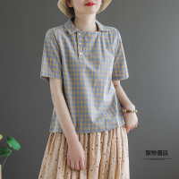 日本棉麻短袖T恤翻領亞麻日系格子衫上衣流行女裝
