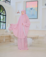 Mukena Mini Traveling Jahit Pinggir Picot Warna Pink Bahan Katun Silky Motif Bunga Kecil Lingkar Waj