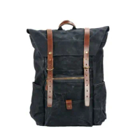 Men's Outdoor Waterproof Backpack Wax Washed Canvas Spliced Leather Backpack Retro Travel Mountaineering Backpack