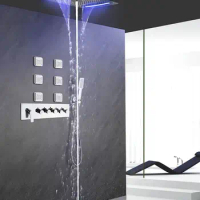 Silver Ceiling Mounted Showerhead Set with Temperature Control Knob Waterfall Feature Wall Spray Bubble Jet Nozzle LED Lights