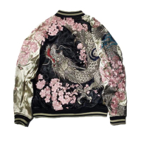 Reversible Double-sided Sukajan Souvenir Jacket Coats High Street Streetwear Yokosuka Sakura Cherry Blossoms Dragon Embroidery