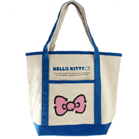 小禮堂 Hello Kitty 橫式帆布側背袋 帆布手提袋 書袋 帆布袋 (米藍 蝴蝶結)