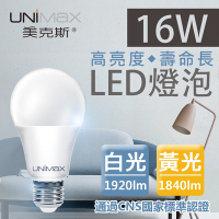 【美克斯UNIMAX】16W LED燈泡 球泡燈 E27 節能 省電 高效能 單入