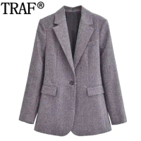 TRAF Grey Long Blazer Woman Office Wear Button Jacket Autumn Winter Long Sleeve Blazers For Women Elegant Stylish New In Jackets