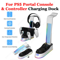 Charging Station For Sony PS5 Controller With Headset Holder RGB Light Charger Base Bracket For Sony PS5 Portal Controller
