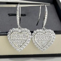 Custom Solid 10K White Gold Women Drop Earrings Heart Moissanite Diamonds Wedding Party Engagement Anniversary Earrings Gift