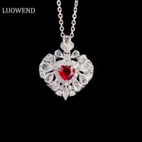 LUOWEND 18K White Gold Necklace Elegant Heart Design Natural Ruby Real Diamond Gemstone Necklace for Women Engagement Jewelry