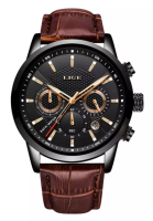LIGE LIGE 計時碼表中性 IP 黑色不銹鋼石英手錶 43 毫米，黑色錶盤，棕色皮革錶帶