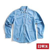 EDWIN 露營系列 刺繡LOGO長袖牛仔襯衫-男-石洗藍