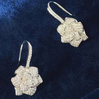 Custom Solid 10K White Gold Women Hook Drop Earrings Flower Moissanite Diamonds Wedding Party Engagement Anniversary Earrings