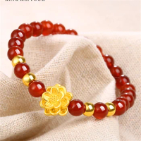 Pure 999 24K Yellow Gold Women Lucky Lotus Flower Beads Bracelet
