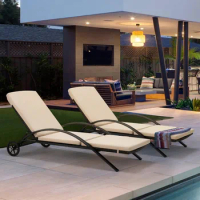 Outdoor Lounge Chair with Wheels and Removable Cushion Patio Lounger, Wicker Pool Sunbathing Lounge Chair, Coffee Chair