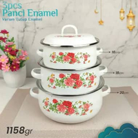 SKY - Panci Enamel Set 3pcs Tutup Kaca Masak Sup Soup Motif Bunga Cantik Lucu Tutup Enamel