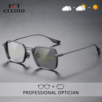 CLLOIO Pure Titanium Photochromic Reading Glasses Men Multifocal Anti Blue Light Optical Glasses Handmade Prescription Eyewear