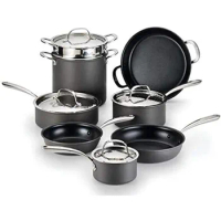 Lagostina Nera Hard Anodized Nonstick 12-Piece Cookware Set with Hammered Stainless Steel Lids, Dishwasher Safe,Grey