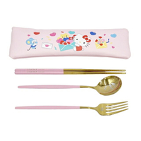 小禮堂 Hello Kitty 三件式不鏽鋼餐具組附皮質收納袋 (粉情書款)