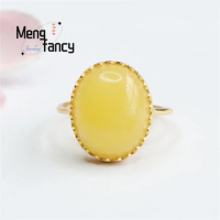 Natural S925 Silver Inlaid With Honey Wax Chicken Oil Yellow Amber Ring Simple Generous Personality Fashion Versatile Women Gift