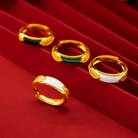 銅鍍金情侶戒指 新款時尚黑綠寶石男女對戒個性開口沙金指環飾品