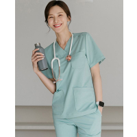 【ปักชื่อฟรี】เครื่องแบบทางการแพทย์สครับเสื้อเชิ้ตพยาบาลสตรีโรงพยาบาลชุดขัดสำหรับผู้ชาย Workwear รอบคอ