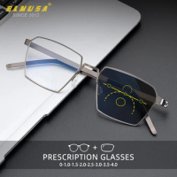 BLMUSA Men Vintage Progressive Reading Glasses Ultralight Polygon Titanium Anti Blue Ray Photochromic Glasses Customized Glasses