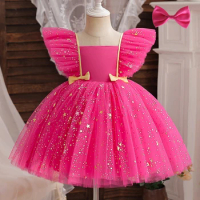 Toddler Baby Sequin Princess Dress for 1-5Yrs Kid Themmed Party Gowm 2024 New Barbi Pink Dresses for Summer Elegant Girl Dresses