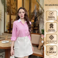 Áo Sơ Mi Nữ Dài Sọc Hồng Sharkboss Phối Cổ Trắng Phong Cách Công Sở Thanh Lịch - A002