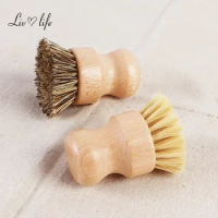 Bamboo Dish Scrub Brushes Kitchen Wooden Cleaning Scrubbers for Washing Cast Iron Pan/Pot, Natural Sisal Bristles