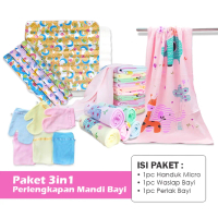 Romi Store ID Paket Hemat 3in1 Perlengkapan Mandi Bayi Handuk Bayi Perlak Motif & Waslap Bayi Random