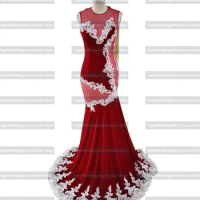 Sexy Red Evening Party Gowns O-Neck Formal Cocktail Party Dresses Velvet Evening Prom Dance Gowns Appliques
