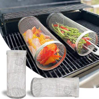 Rolling Grilling BBQ Basket Stainless Steel Wire Mesh Cylinder Grill Basket Portable Outdoor Camping Barbecue Rack Tools