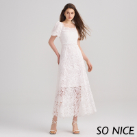 SO NICE 法式輕奢方領公主袖鏤空水溶蕾絲洋裝