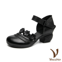 【Vecchio】真皮涼鞋 粗跟涼鞋/真皮頭層牛皮立體花朵縷空花邊魔鬼粘粗跟涼鞋(黑)