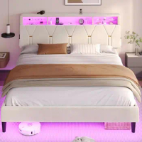 White Queen LED Bed Frame w/Storage Headboard Velvet Upholstered Bed Creamy for indoor bedroom furniture
