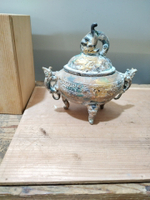 日本回流昭和時期鐵器仿青銅器型香爐香薰，帶原盒，漆金鐵器鐵制