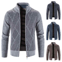 秋冬立領毛衣拉鏈開衫加絨加厚針織衫新款印花保暖夾克男韓版外套
