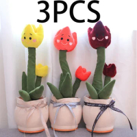 3Pcs Tulip Flower Plushie Talking Singing Song Dancer Repeat Voice Toys For Girls Girlfriend Kids Dancing Cactus