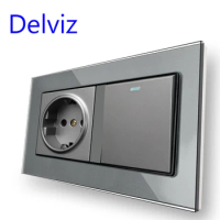 Delviz Wall Power Socket, AC 110V~250V, 1 Gang 2Way / 1Way push button on-off, Crystal Glass Panel, EU Standard 16A Light Switch