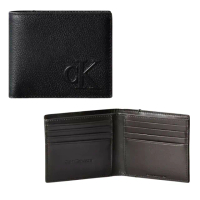 【Calvin Klein】立體LOGO 8卡荔枝皮革短夾 禮盒組-帥氣黑(ck 黑色 男夾 男皮夾 男皮包 男用皮夾)