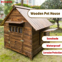 Outdoor Wooden Dog House Waterproof and Sunscreen Pet Kennel Carbonized Solid Wood Rain Proof Cat Dog Cage Pet Supplies
