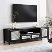 Farmhouse rattan TV cabinet for TV up to 65 inches, modern TV console with gold metal handles, drawers and living room cabinets