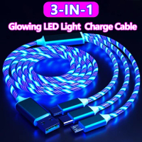 3 IN 1 Glowing LED Light Phone Charger Luminous USB Type C Cable For Xiaomi Iphone 14 Samsung S6 Phone Accessories Charge Cord