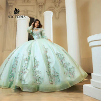 Mint Green Puff Long Sleeve Flower Appliques Corset Quinceanera Dress Ball Gown 18th Birthday Debut 