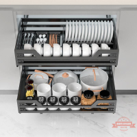 拉籃碗柜納米黑廚房櫥柜收納抽屜式廚柜調味雙層304不銹鋼碗籃架