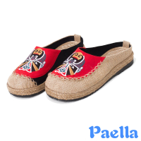 【Paella】平底拖鞋 包頭拖鞋/復古民族風國劇臉譜刺繡亞麻透氣包頭平底拖鞋(紅)
